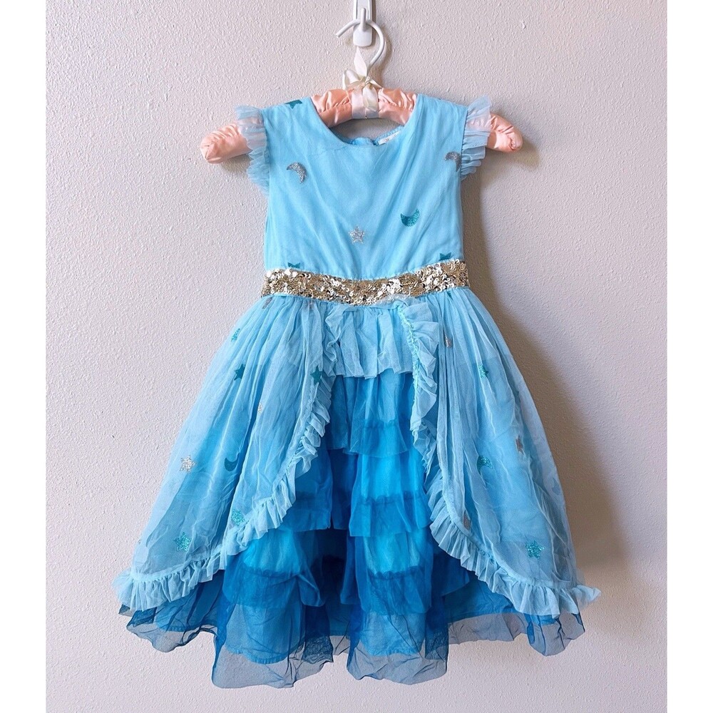 Mini Boden Tiered Tulle Party Dress Girls 5-6Y Blue Celestial Moon Stars Sequins